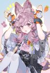 1girl :d absurdres ahoge animal_ears arknights black_skirt blue_background capelet carrot chinese_commentary commentary_request daytimefirework feet_out_of_frame fur-trimmed_skirt fur_trim gloves hands_up highres infection_monitor_(arknights) knees_up long_hair looking_at_viewer notice_lines open_mouth orange_gloves pink_eyes pink_hair pink_shirt rabbit_ears rabbit_girl rabbit_pose shirt sitting skirt smile solo thighhighs thumpy_(arknights) white_capelet white_thighhighs 