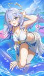  1girl absurdres ball beachball bikini blue_hair breasts choker cleavage commentary_request face_jewel facial_mark flower green_eyes hair_ornament halo head_wings heart heart_facial_mark highres honkai:_star_rail honkai_(series) innertube jewel_under_eye jewelry large_breasts long_hair looking_at_viewer mark_under_eye necklace ocean official_alternate_costume one_eye_closed purple_choker robin_(honkai:_star_rail) robin_(summeretto)_(honkai:_star_rail) sarong smile star_(symbol) star_print starfish_hair_ornament sunflower swim_ring swimsuit uohara_shinji very_long_hair white_bikini white_sarong white_wings wings 
