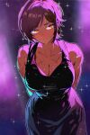  1girl absurdres black_dress blush breasts brown_eyes brown_hair cleavage cocktail_dress commentary dark-skinned_female dark_skin dress earrings english_commentary evening_gown formal_clothes highres hyojin_en jewelry large_breasts limbus_company outis_(project_moon) project_moon scar short_hair solo sparkle 