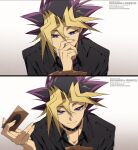  1boy black_hair black_shirt blonde_hair card choker hand_on_own_face highres holding jewelry looking_at_viewer male_focus multicolored_hair multiple_boys multiple_views playing_card purple_eyes purple_hair shirt simple_background smile spiked_hair white_background yami_yugi yoshio_296 yu-gi-oh! yu-gi-oh!_duel_monsters 