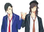  2boys bangs black_hair fate/grand_order fate_(series) fist_bump hair_over_one_eye hat long_hair long_sleeves male_focus multiple_boys necktie okada_izou_(fate) open_mouth pako red_necktie sakamoto_ryouma_(fate) shirt white_shirt 