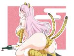  1girl alcohol alternate_costume animal_ears animal_print ass bangs bikini blush boots bottle breasts breath chinese_zodiac commentary_request egasumi fur-trimmed_boots fur_trim highres kantai_collection knee_boots large_breasts long_hair looking_at_viewer luigi_di_savoia_duca_degli_abruzzi_(kancolle) multicolored_hair new_year nose_blush open_mouth pink_eyes pink_hair profile red_hair simple_background solo streaked_hair suke_(share_koube) swimsuit tail tail_wagging tiger_ears tiger_print tiger_tail wine wine_bottle year_of_the_tiger 