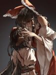  2girls absurdres aihara-rina ascot bird_wings bound bow brown_eyes brown_hair brown_wings chinese_commentary collared_shirt commentary_request detached_sleeves frilled_bow frilled_hair_tubes frills hair_bow hair_tubes hakurei_reimu hat highres long_hair multiple_girls pom_pom_(clothes) puffy_short_sleeves puffy_sleeves red_bow red_hat red_skirt rope shameimaru_aya shirt short_sleeves skirt skirt_set tied_up_(nonsexual) tokin_hat touhou white_shirt wings yellow_ascot 