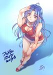  1girl ahoge alternate_costume bare_legs bikini blue_background blue_hair breasts chidori_kaname cleavage cleavage_cutout closed_mouth clothing_cutout commentary earrings from_above full_body full_metal_panic! full_metal_panic!_family fur-trimmed_skirt fur_trim hand_on_own_head hand_on_own_knee heart_cutout high_heels highres jewelry long_hair looking_at_viewer making-of_available medium_breasts midriff miniskirt navel official_artist_extra orange_eyes parted_bangs red_shoes red_skirt santa_bikini santa_costume shadow shikidouji shoes sidelocks signature simple_background skirt smile solo standing swimsuit thigh_gap watermark 