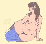  1girl ash_prater blue_thighhighs breasts brown_hair covered_nipples d.va_(overwatch) facial_mark fat fat_rolls fatter_than_canon full_body headphones headset highres long_hair looking_to_the_side medium_breasts navel on_floor overwatch pubic_hair simple_background solo striped_clothes striped_thighhighs thighhighs thighs topless_female whisker_markings wide_hips 
