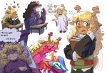  1boy 2girls anger_vein antlers berdly_(deltarune) black_shirt blonde_hair book chalk chronocrump commentary deer_girl deltarune english_text furry furry_female heart highres holding holding_book horns lovestruck multiple_girls noelle_holiday reindeer_antlers robe shirt simple_background susie_(deltarune) sweater_vest utdr_(toby_fox) white_background white_robe yuri 