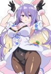  1girl absurdres animal_ears armpits arms_up black_gloves breasts carrot colored_inner_hair commentary_request cosplay fur-trimmed_gloves fur_scarf fur_trim gloves gradient_hair hair_between_eyes highres hololive hololive_indonesia irodori_drawpic large_breasts leotard leotard_under_clothes long_hair looking_at_viewer moona_hoshinova multicolored_hair open_mouth pantyhose purple_eyes purple_hair rabbit_ears rabbit_pose simple_background solo starry_hair two-tone_hair usada_pekora usada_pekora_(cosplay) virtual_youtuber white_background 