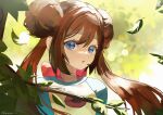  1girl absurdres blue_eyes brown_hair donut_hair_bun double_bun hair_between_eyes hair_bun highres leaf looking_at_viewer multicolored_shirt naz_(hsae3838) open_mouth outdoors pokemon pokemon_black_2_and_white_2 rosa_(pokemon) shirt solo tree twintails upper_body 