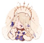  1girl angel angel_wings blonde_hair blue_eyes blush bow capelet chain commentary feathered_wings floating_clothes floating_hair floating_veil frilled_sleeves frills fur-trimmed_capelet fur_trim gold_chain gold_choker gold_halo gold_trim gradient_wings hair_bow halo head_wings highres horns littlebluemuffin long_hair long_sleeves lowered_eyelids multicolored_wings one_eye_covered original see-through_clothes see-through_veil sparkle untranslatable_commentary upper_body veil white_veil wings 