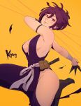  1girl arm_strap armpits bandages belt breasts claw_(weapon) closed_mouth commentary highres jigokuraku koyorin looking_at_viewer medium_breasts no_bra purple_hair red_eyes scabbard sheath sheathed solo thighs weapon white_belt wrist_guards yellow_background yuzuriha_(jigokuraku) 
