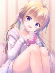  1girl :d absurdres ahoge animal_print bare_legs blonde_hair blue_eyes blush bow breasts camisole cat_print checkered_pillow chest_ribbon cleavage commentary cup dot_nose feet_out_of_frame fluffy_clothes frilled_camisole frills getsuyoshi hair_bow hands_up head_tilt highres holding holding_cup itsumura_haruka jacket knees_up long_sleeves looking_at_viewer low_twintails medium_breasts mug off_shoulder pajamas pillow pink_bow pom_pom_(clothes) print_mug purple_bow purple_camisole purple_jacket purple_pajamas purple_shorts re:stage! shorts sidelocks sitting smile solo spaghetti_strap thighs twintails wallpaper_(object) 