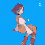  1girl ahoge bad_id bad_pixiv_id black_choker bodysuit boots breasts brown_eyes brown_hair choker closed_mouth crystal dated final_fantasy final_fantasy_ix foot_out_of_frame garnet_til_alexandros_xvii gloves highres invisible_chair jewelry juliet_sleeves long_sleeves looking_at_viewer medium_breasts nobu_(25mark) orange_bodysuit pendant puffy_sleeves red_gloves shirt short_hair sitting smile solo thigh_strap white_shirt 