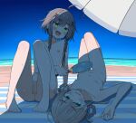 2girls :d absurdres ahoge aqua_eyes barefoot beach beach_towel blush braid breasts brown_hair censored commentary_request completely_nude cross_hair_ornament female_pubic_hair green_eyes hair_ornament hair_rings hand_fan highres holding knees_up lying medium_hair mosaic_censoring multiple_girls nipples nude original paper_fan parasol pubic_hair pussy side_braids sitting_on_towel small_breasts smile sweat towel uchiwa umbrella urushiushiru 