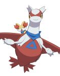  bandana bandana_around_neck blue_bandana brown_eyes closed_eyes clothed_pokemon commentary_request fennekin latias looking_at_viewer makoto_ikemu multicolored_fur open_mouth pokemon pokemon_(creature) simple_background white_background white_fur yellow_fur 