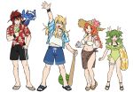  >_< 111nuaywwa 2boys 2girls absurdres alternate_costume anna_(epic_battle_fantasy) arm_up baseball_bat bikini black_sarong black_shorts blonde_hair blue_cat blue_eyes blue_shorts breasts cat cleavage earrings epic_battle_fantasy eyewear_on_head fang flower food fruit full_body green_eyes green_hair green_one-piece_swimsuit hand_in_pocket hat hat_flower hawaiian_shirt highres innertube instrument jewelry lance_(epic_battle_fantasy) large_breasts long_hair matt_(epic_battle_fantasy) multiple_boys multiple_girls natalie_(epic_battle_fantasy) nolegs_(epic_battle_fantasy) o-ring o-ring_bikini one-piece_swimsuit orange_hair ponytail red_shirt sandals sarong shirt shorts simple_background skin_fang standing straw_hat sunglasses swim_ring swimsuit tuba two_side_up water_gun watermelon white_background white_shirt 