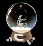  black_background blue_eyes blue_fur commentary crescent_moon gem glaceon highres lole_pokemon moon no_humans pearl pokemon pokemon_(creature) shooting_star simple_background snow_globe solo tail two-tone_fur untranslatable_commentary 