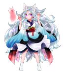  1girl absurdres animal_ear_fluff animal_ears black_sash blue_kimono edomura_niniko fox_ears fox_girl full_body gradient_clothes gradient_kimono hands_up highres japanese_clothes kimono long_hair long_sleeves looking_at_viewer nhk_(voiceroid) no_shoes obi official_art parted_bangs parted_lips pink_eyes ponytail psd_available sash simple_background socks solo standing tabi touhoku_itako transparent_background very_long_hair voiceroid white_hair white_kimono white_socks wide_sleeves 