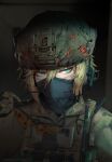  1girl black_mask blonde_hair blood blue_eyes bulletproof_vest combat_helmet fast_helmet gloves green_eyes headset helmet highres looking_to_the_side mask military_combat_uniform military_uniform original paperboathat portrait sonya_(paperboathat) tactical_gloves tsurime union_jack 