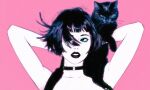  1girl absurdres animal_on_shoulder arms_behind_head bare_arms black_cat black_choker black_hair black_lips blue_eyeshadow blunt_bangs cat cat_on_shoulder choker close-up collarbone colored_skin eyeshadow hair_over_one_eye highres ilya_kuvshinov looking_to_the_side makeup neon_palette one_eye_covered original parted_lips pink_background short_bangs short_hair sideways_glance simple_background teeth white_skin 