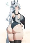  1girl ? absurdres alternate_breast_size_(larger) animal_ears arcane_(arknights) arknights arknights:_endfield ass bird_ears bird_girl black_thighhighs blue_eyes blush breasts closed_mouth commentary_request facial_mark forehead_mark grey_hair head_wings highres large_breasts leotard long_hair looking_at_viewer looking_back ponytail simple_background solo thighhighs white_background wings yu-ting_rainplus 