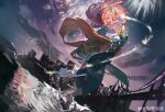  1girl absurdres aroma_white artist_request blue_eyes blue_kimono bridge character_name chinese_commentary commentary_request cytus cytus_ii fireworks floating_headgear from_behind hair_ornament headgear highres holding holding_fireworks japanese_clothes kanzashi kimono light_trail long_hair night orange_shawl pink_hair print_kimono river sample_watermark sandals sash second-party_source shawl skyline standing standing_on_liquid tabi water watermark weibo_watermark yellow_sash 