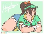  1girl artist_name ash_prater breasts brown_hair cleavage denim denim_shorts glasses high_ponytail highres honeydew_mei large_breasts mei_(overwatch) on_floor overwatch ponytail shorts solo thighs 