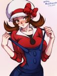  1girl blue_overalls blush bow brown_eyes brown_hair closed_mouth collarbone flipped_hair hat hat_bow looking_away lyra_(pokemon) mina_cream overalls pokemon pokemon_(game) pokemon_hgss red_bow red_shirt shirt solo solo_focus 