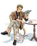  1boy absurdres balthier balthier_(fashionable_and_free) bead_bracelet beads black_shirt black_shoes book bracelet brown_hair brown_jacket cat chair coffee_mug collared_shirt commentary_request crossed_legs cup dissidia_duellum_final_fantasy dissidia_final_fantasy earrings final_fantasy final_fantasy_xii full_body grey_necktie grey_pants hair_slicked_back highres holding holding_book jacket jewelry light_smile loafers looking_at_another male_focus mug multiple_rings necktie official_alternate_costume pants ring shirt shoes short_hair sideburns sitting suit_jacket table twitter_username white_background yu_ki818 