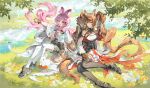  2girls absurdres ahoge angelina_(arknights) angelina_the_mellow_wish_(arknights) animal_ear_fluff animal_ears arknights black_boots black_collar black_gloves black_hairband black_shoes black_skirt black_thighhighs boots brown_hair capelet carrot chinese_commentary collar commentary_request detached_sleeves dress fingerless_gloves flower food foot_out_of_frame fox_ears fox_girl fruit full_body fur-trimmed_skirt fur_trim gloves hair_between_eyes hairband high_heel_boots high_heels highres hiking_backpack holding holding_flower holding_food holding_fruit leaf liangjiu373 long_hair long_sleeves looking_at_viewer meadow multiple_girls open_mouth orange_(fruit) orange_gloves outdoors pink_eyes pink_hair rabbit_ears rabbit_girl river shoes sitting skirt smile sneakers tail thighhighs thumpy_(arknights) tree twintails white_capelet white_dress white_rabbit_(animal) white_thighhighs yellow_flower yokozuwari 