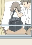 1girl 3boys bag brown_hair closed_mouth clothes_lift collared_shirt commentary_request convenient_censoring curtains desk dress_shirt grey_pants grey_skirt juukyuu long_hair multiple_boys open_window original pants pleated_skirt school_bag school_desk school_uniform shirt skirt skirt_lift solid_circle_eyes white_shirt wind wind_lift window 