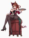  1girl alternate_costume animal_ears bare_shoulders between_breasts black_leotard black_pantyhose black_shoes bracelet breasts brown_hair cleavage clothes_between_breasts colored_inner_hair cropped_jacket ear_ornament ears_through_headwear fishnet_pantyhose fishnets forever_young_(umamusume) green_eyes hat high_heels highres horse_ears horse_girl horse_tail jacket jewelry leotard long_hair medium_breasts multicolored_hair nail_polish navel necktie necktie_between_breasts nontraditional_playboy_bunny on_suitcase open_mouth pantyhose red_hair red_hat red_jacket red_nails rolling_suitcase shoes sidelocks simple_background sitting smile solo streaked_hair suitcase sunglasses tail thigh_strap umamusume vococo white_background 