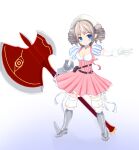  1girl absurdres armored_boots axe battle_axe blue_eyes boots breasts brown_hair commentary_request double-sided_axe dress drill_hair full_body gauntlets gloves gradient_background highres holding holding_weapon iron_princess_ymir pointy_ears queen's_blade shio_mikan simple_background solo weapon white_background ymir_(queen's_blade) 