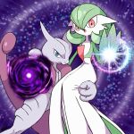  1boy 1girl :o arm_up artist_name blue_eyes bob_cut closed_mouth colored_skin commentary_request dazzling_gleam_(pokemon) energy_ball flat_chest furry furry_male gardevoir green_hair green_skin grey_skin hair_between_eyes hand_up highres legs_apart looking_at_viewer mega_mewtwo_x mega_pokemon mewtwo monya multicolored_skin open_mouth outstretched_arm partial_commentary pokemon pokemon_(creature) pokemon_move purple_background purple_skin reaching reaching_towards_viewer red_eyes shadow_ball_(pokemon) short_hair signature sitting_on_arm sparkle standing tail two-tone_skin white_skin 
