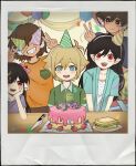  2girls 3boys aged_down alternate_eye_color alternate_universe antenna_hair aubrey_(faraway)_(omori) aubrey_(omori) basil_(faraway)_(omori) basil_(omori) birthday_cake black_eyes black_hair blonde_hair blue_cardigan blue_eyes blue_shirt blush bow breast_pocket bright_pupils brothers brown_hair cake candle cardigan chinese_commentary collarbone collared_shirt commentary_request contrast_collar dark-skinned_male dark_skin derivative_work double-parted_bangs double_v fangs food fruit green_shirt hair_between_eyes hair_bow hat hero_(faraway)_(omori) hero_(omori) highres kel_(faraway)_(omori) kel_(omori) knife laola4869 long_hair looking_at_another looking_at_viewer mari_(faraway)_(omori) mari_(omori) multiple_boys multiple_girls omori open_cardigan open_clothes open_mouth orange_shirt party_hat pink_bow plate pocket pointy_ears purple_shirt red_eyes sandwich shirt short_hair short_sleeves siblings sidelocks slit_pupils square_pupils strawberry t-shirt v white_pupils 