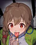  1girl blush braid brown_hair business_suit commentary_request fellatio_gesture formal_clothes green_jacket hair_ornament hair_over_shoulder hair_scrunchie idolmaster idolmaster_cinderella_girls jacket kamille_(vcx68) looking_at_viewer necktie office_lady raised_eyebrows red_eyes red_scrunchie scrunchie senkawa_chihiro solo suit tongue tongue_out yellow_necktie 