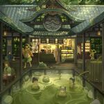  4boys 5girls animal_ears apron architecture black_hair cafe cake cat_ears cellphone commentary_request counter cup east_asian_architecture food ghost green_skirt hair_bun highres japanese_clothes looking_at_phone maid maid_headdress matcha_(food) multiple_boys multiple_girls onsen original partially_submerged phone pleated_skirt ponytail purple_hair ripples rock scenery skirt smartphone steam table teacup uliy vending_machine wa_maid 