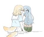  2girls bang_dream! bang_dream!_it's_mygo!!!!! black_ribbon blonde_hair blue_hair blue_shirt brown_sweater_vest closed_eyes commentary dog_girl dog_tail green_skirt hair_ribbon hanasakigawa_school_uniform haneoka_school_uniform kemonomimi_mode kiss korean_commentary long_hair medium_hair misumi_uika multiple_girls ribbon sailor_collar school_uniform serafuku shirt sidelocks sitting skirt sweater_vest tail tail_wagging togawa_sakiko two_side_up wheloo3rd white_sailor_collar white_shirt white_skirt yuri 