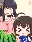  >_< 2girls :3 ahoge artist_logo black_hair blue_shirt braid brown_hair closed_eyes collarbone commentary_request dated food fruit hair_ornament kanon_(kurogane_knights) kantai_collection logo multiple_girls pink_shirt poking shigure_(kancolle) shirt short_hair single_braid story_in_commentary upper_body watermelon yamashiro_(kancolle) 