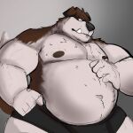  2022 anthro belly black_nose brown_body canid canine canis clothing cute_fangs dippubear domestic_dog hi_res humanoid_hands male mammal moobs nipples overweight overweight_male solo underwear white_body 