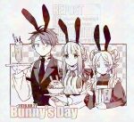  1boy 2026 2girls absurdres animal_ear_hairband animal_ears apron black_dress black_vest blunt_bangs boo_br braid breasts bunny_day cherry closed_mouth collared_shirt commentary_request dated dot_mouth double_bun dress elf fake_animal_ears fancy_dessert fern_(sousou_no_frieren) food frieren fruit hair_bun hair_over_one_eye hairband highres holding holding_plate holding_utensil long_hair maid_apron medium_breasts monochrome multiple_girls neck_ribbon necktie parted_bangs plate pointy_ears rabbit_ear_hairband rabbit_ears ribbon sepia shirt short_eyebrows short_hair sidelocks sousou_no_frieren stark_(sousou_no_frieren) thick_eyebrows twin_braids updo upper_body vest waistcoat white_shirt 