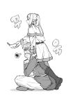  1boy 1girl blush boots bowl capelet earrings elf food food_on_face frieren full_body greyscale hand_on_another's_shoulder head_on_hand hetero hh123145 highres himmel_(sousou_no_frieren) holding holding_bowl indian_style jacket jewelry korean_text leaning_on_person long_hair mole mole_under_eye monochrome open_mouth pants pantyhose parted_bangs pointy_ears profile short_hair sitting skirt sousou_no_frieren spoken_squiggle squiggle sweatdrop twintails white_background white_capelet white_jacket white_pants white_skirt 