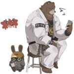  1boy 1girl 1other animal_ears bangboo_(zenless_zone_zero) barefoot bear_boy bear_ears ben_bigger black_tank_top brown_fur chinese_commentary claws closed_mouth commentary_request furry furry_male glasses hard_hat helmet highres holding holding_paper jacket koleda_belobog non-humanoid_robot open_mouth pants paper pawpads rabbit_ears reading robot safety_(zenless_zone_zero) sitting smile squiggle tank_top white_background white_jacket white_pants zenless_zone_zero zhymao 
