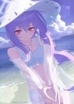  1girl absurdres artist_name atsuko_(blue_archive) atsuko_(swimsuit)_(blue_archive) beach bikini blue_archive closed_mouth cloud commentary_request feet_out_of_frame halo hat highres jewelry long_hair looking_at_viewer moonlightcookie_(82715678) ocean off_shoulder pendant purple_hair red_eyes see-through_clothes see-through_shirt shirt sky solo straight-on sun_hat swimsuit white_bikini white_halo white_hat 