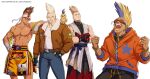  4boys andy_bogard baby_animal bird black_gloves blonde_hair blue_eyes blue_hair bomber_jacket brown_hair chick clenched_hands closed_eyes closed_mouth commentary company_name copyright_notice dark_skin duck_king english_commentary fatal_fury fatal_fury:_city_of_the_wolves fingerless_gloves gloves jacket joe_higashi male_focus mohawk multiple_boys muscular official_art open_mouth p-chan_(fatal_fury) pants second-party_source smile snk star_(symbol) star_print sunglasses terry_bogard white_background 