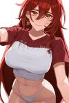  1girl alternate_costume breasts capkal commentary_request cowboy_shot earrings hair_between_eyes highres himeko_(honkai:_star_rail) honkai:_star_rail honkai_(series) jewelry large_breasts lipstick_mark lipstick_mark_on_chest lipstick_mark_on_face long_hair looking_at_viewer midriff navel panties red_hair shirt short_sleeves simple_background single_earring smile solo swimsuit t-shirt two-tone_shirt underwear very_long_hair white_background white_panties yellow_eyes 