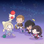  2boys 2girls ahoge animal_hat aquila_(constellation) balthier balthier_(fashionable_and_free) beard_stubble black_gloves black_hair black_jacket black_pants blonde_hair blue_coat blush_stickers boots breasts brown_boots brown_hair brown_jacket bucket cat_hat chibi chibi_only chocobo clive_rosfield clive_rosfield_(hellfire_jacket) closed_eyes closed_mouth coat collarbone commentary_request constellation creature cup cygnus_(constellation) dissidia_duellum_final_fantasy dissidia_final_fantasy dress earrings facial_hair facial_mark final_fantasy final_fantasy_v final_fantasy_xi final_fantasy_xii final_fantasy_xvi fireworks frown full_body furrowed_brow gloves grey_thighhighs hair_slicked_back hat highres holding holding_cup holding_fireworks iroha_(chic_waistcoat)_(ff11) iroha_(ff11) jacket jewelry krile_mayer_baldesion_(ff5) krile_mayer_baldesion_(out_and_about)_(ff5) long_hair low-tied_long_hair low_twintails lyra_(constellation) moogle mosquito_coil multiple_boys multiple_girls necktie night official_alternate_costume official_alternate_hairstyle official_art open_mouth outstretched_hand pants parted_bangs parted_lips pink_dress purple_background red_shirt sagitta_(constellation) shirt short_hair sideboob sitting smile smirk smoke sparkler square_enix squatting standing stubble summer thighhighs twintails vest vulpecula_(constellation) white_necktie white_pants white_shirt white_vest 