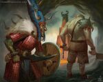  armor belt blue_hat blue_pants bracelet brown_belt brown_pants cape chain cleaver commentary crescent cuffs darkos_art dragon_tattoo dual_wielding fingernails fur_cape goblin goblin_(warhammer_fantasy) gorduz_backstabber handcuffs hat highres hobgoblin_(warhammer_fantasy) holding holding_cleaver holding_shield holding_sword holding_weapon horned_hat horns imminent_death jewelry lava long_fingernails orc ork_(warhammer) pants pauldrons red_armor shield short_sleeves shoulder_armor single_pauldron spikes sword tattoo warhammer_fantasy weapon white_fur yellow_eyes 