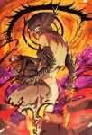  1boy 1girl apron ari_(pixiv_69278895) bare_back bare_legs bare_shoulders black_apron blood blood_on_body bomb_hybrid_(chainsaw_man) breasts chainsaw chainsaw_man chainsaw_man_(character) commentary_request denji_(chainsaw_man) disembodied_torso elbow_gloves explosion explosion_background eyelashes gloves holding holding_neck object_head panties reze_(chainsaw_man) ringed_eyes sharp_teeth teeth underwear upper_body white_panties 