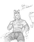  anthro bucket bulge cheetah clothing container demon dialogue disembodied_hand duo english_text eyes_closed felid feline gato_matero genital_outline hi_res male male/male mammal penis_outline text tongue tongue_out water wet wet_clothing 