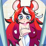  1girl :o absurdres animal_ear_fluff animal_ears artist_name black_hair black_streaks blush bright_pupils commentary cowboy_shot hair_down hakos_baelz highres hololive hololive_english indoors long_hair looking_at_viewer mouse_ears mouse_girl multicolored_hair naked_towel open_mouth panty_&amp;_stocking_with_garterbelt_(style) red_hair sico_de_seraph signature soap_bubbles solo standing streaked_hair tile_wall tiles towel virtual_youtuber white_hair white_pupils 